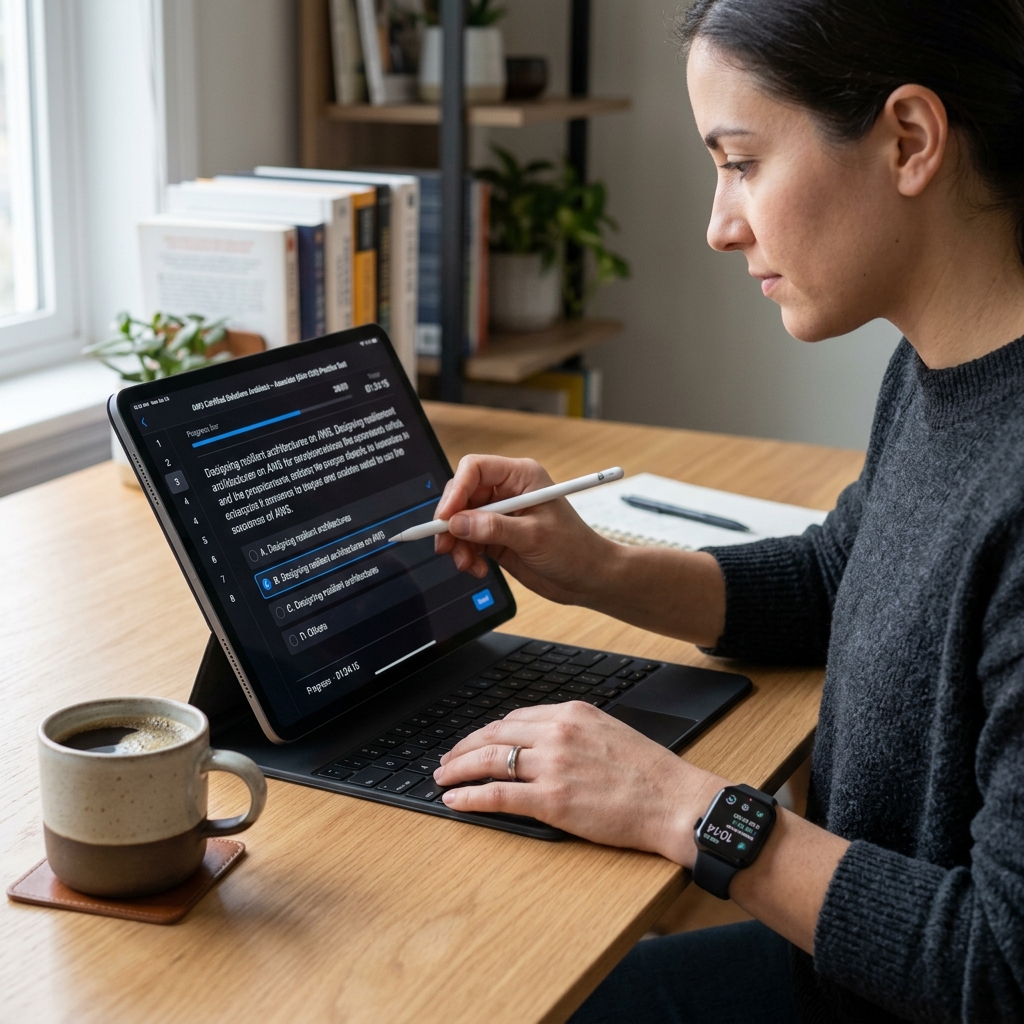 Person using a tablet to solve professional exam practice questions