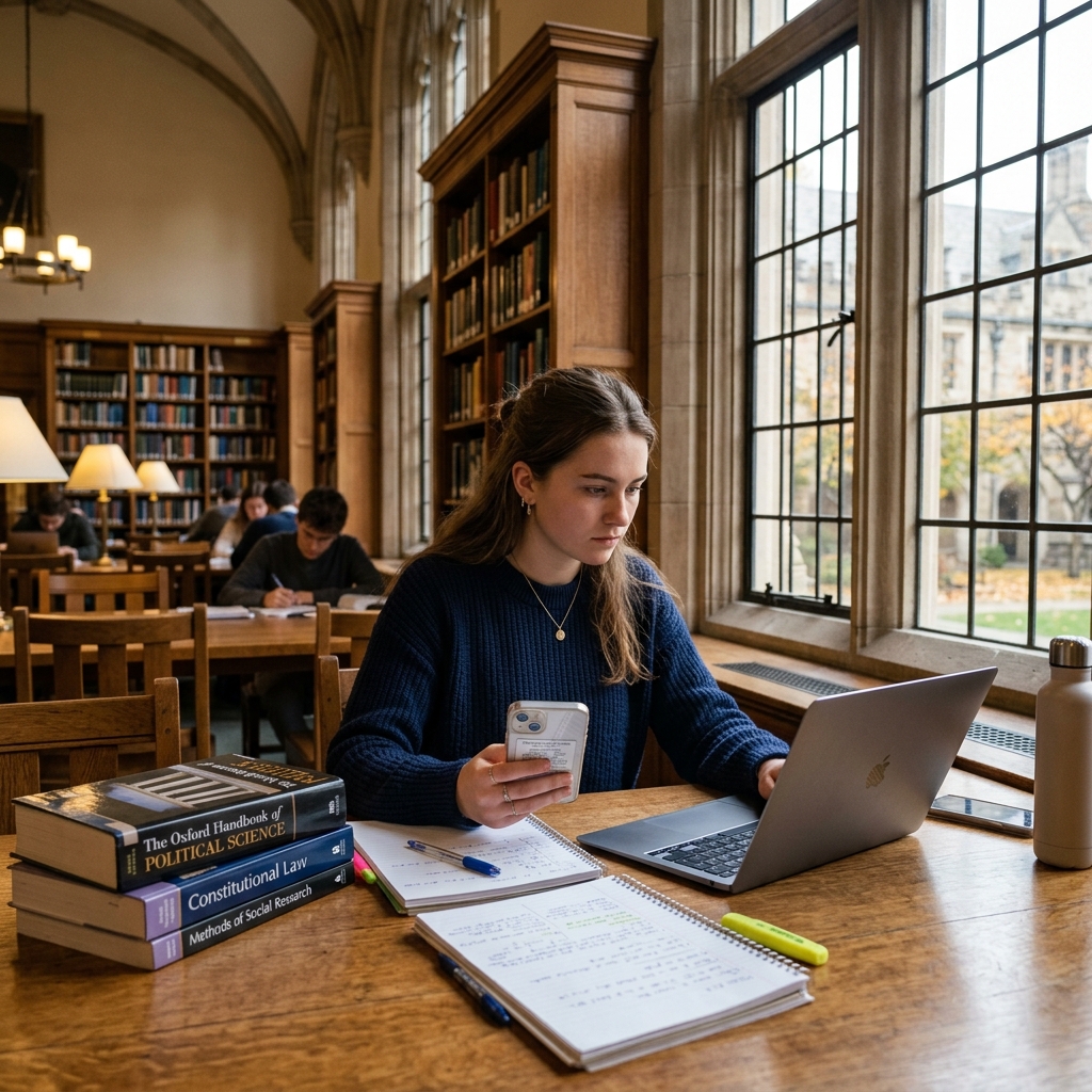 Focused student studying with AI tutor in a university library