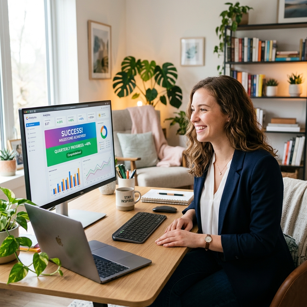 Student smiling at progress charts in a modern home office